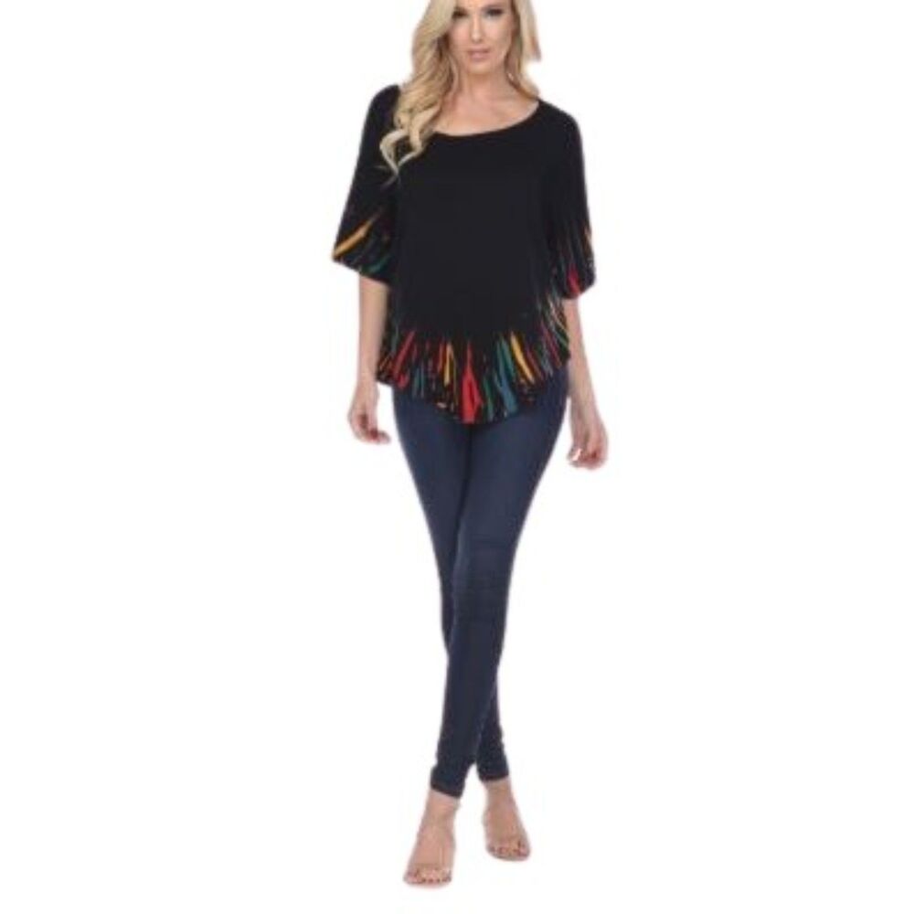 Kamana Art To Wear Black Multicolor Boho Tie Died Unique Poncho Shawl Top  SZ OS